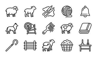 Sheep Farming Icons: Wool, Shepherd, Livestock, Rural Life, Agriculture Vector Set © Mahmudul