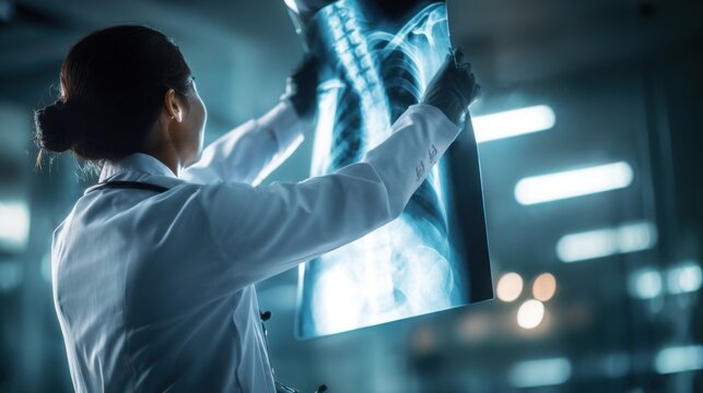 Experienced physician carefully examining x ray film against illuminated viewing panel, modern clinic atmosphere, professional healthcare concept
