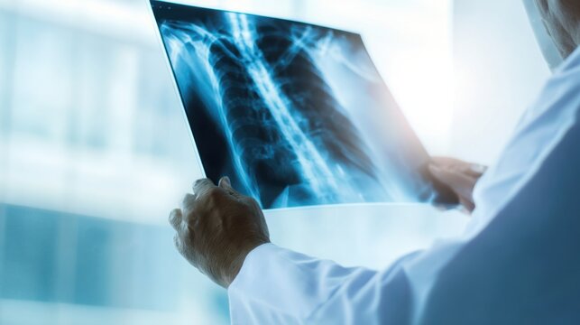 Experienced physician carefully examining x ray film against illuminated viewing panel, modern clinic atmosphere, professional healthcare concept