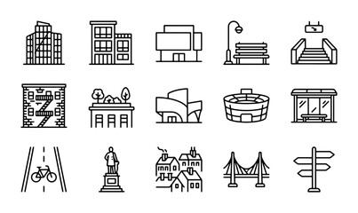 Modern City Buildings & Landmarks Vector Icons Set, Urban Architecture Collection © Moshiur