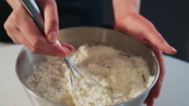 Person mixes flour and liquid in metal bowl. Hands hold whisk steady while mixing. Focus on close-up of ingredients blending. Scene shows calm, methodical baking activity