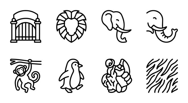 Zoo Animal Icons Set: Elephant, Lion, Penguin, Monkey, Gate, Pattern, Vector Graphics