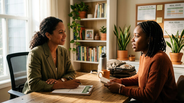 Two Women Engaged In Meaningful Conversation At Wooden Table, Focused Relationship
