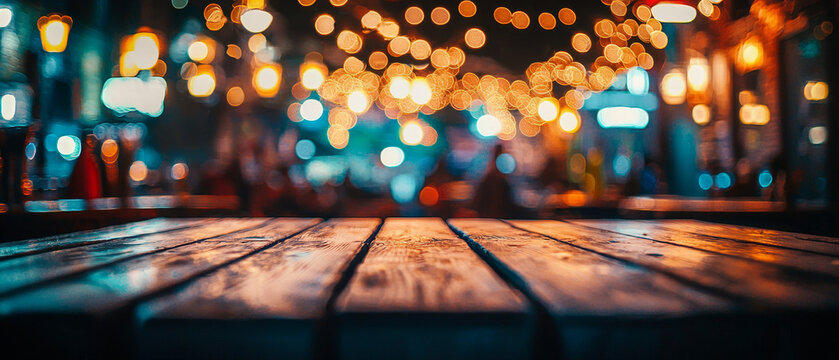 Textured wooden surface in foreground with a warm, cool bokeh blur of city lights in the vibrant background, creating a festive night scene