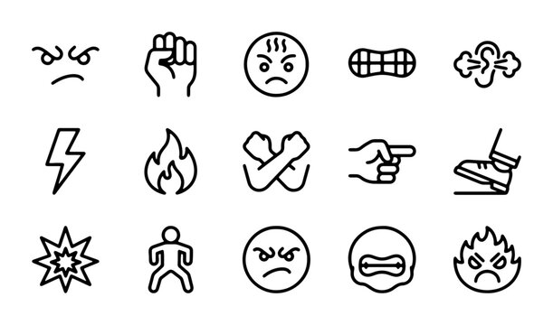 Anger Emotion Icons Set, Aggression Symbols, Frustration Faces, Rage Vector Graphics