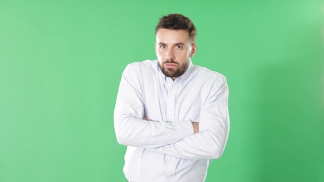 Upset and distressed man person, regrets what happened, worries. Frustrated person, setback, or bad day on green screen background. Male person on green background, minimalistic thematic man