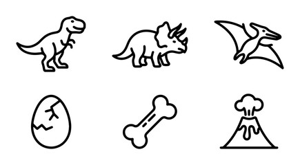 Dinosaur Icons Set: T-Rex, Triceratops, Pterodactyl, Egg, Bone, Volcano, Vector Graphics © Rafia