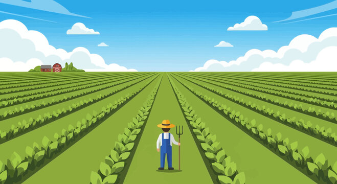 Farmer in vast green field with rows of crops under a blue sky with clouds