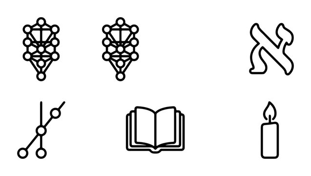 Kabbalah Tree of Life Icons, Hebrew Letter Aleph, Open Book, Candle, Vector Symbols