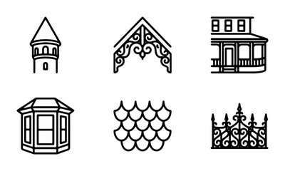 Fototapeta premium Architectural Elements Icons: Victorian Tower, Ornate Gable, Porch Facade, Bay Window, Roof Shingles, Wrought Iron Fence