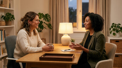 Obraz premium Two Women Smiling And Talking During A Session In A Comfortable Environment