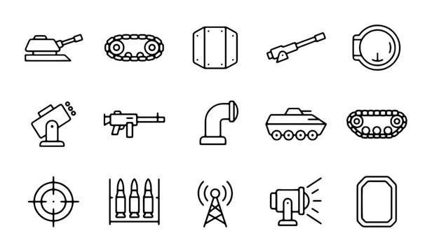 Military Icons Set: Tank, Weapon, Ammunition, Target, Communication Equipment Vector Graphics