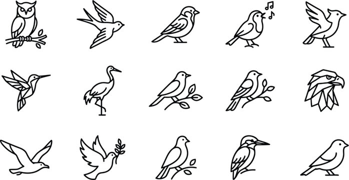 Minimal Bird Line Art Icon Set for Nature and Wildlife Design Projects
