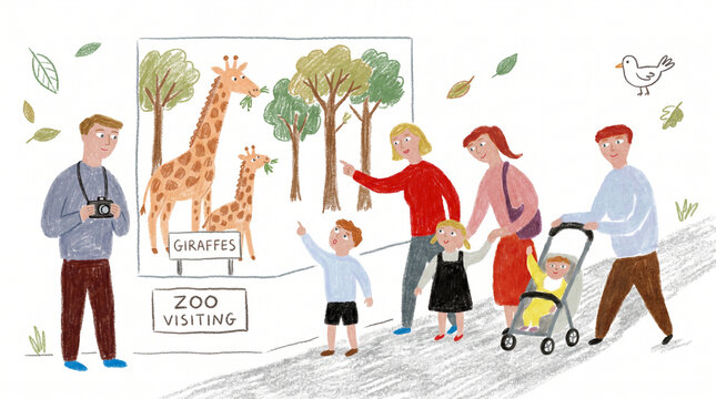 Hand Drawn Illustration of a Family Visiting the Zoo and Looking at Giraffes