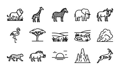 African Safari Icons, Wildlife Vector Set: Lion, Elephant, Zebra, Giraffe, Flamingo, Cheetah, Sunset, Landscape Elements © Rashed