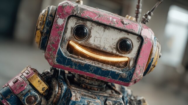 Friendly robot face, aged, smiling, with screen-like display
