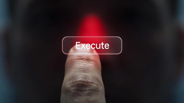 Finger pressing execute button red light.