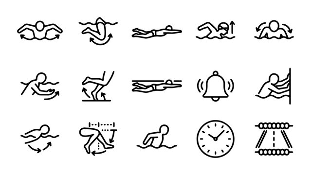 Swimming Icons Set, Water Sport Vector Graphics, Athlete Training Symbols, Pool Activity Icons