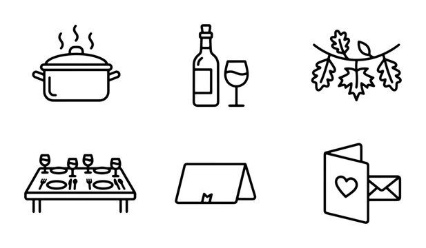 Thanksgiving Dinner Icons: Cooking Pot, Wine Bottle, Oak Garland, Table Setting, Place Card, Invitation Card