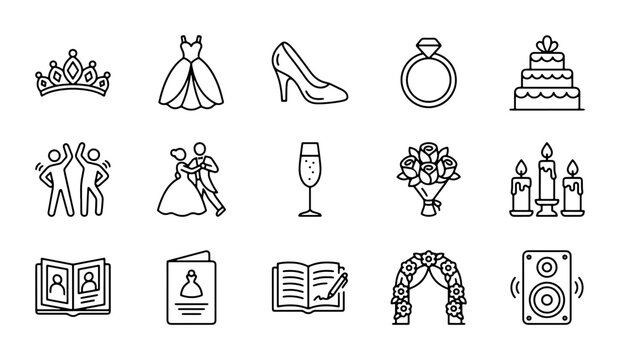 Wedding Icons Set, Bridal Elements Collection, Celebration Symbols, Vector Graphics