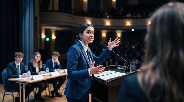 Teenager suit public speaking debate podium microphone stage gesturing auditorium audience Confident teenager formal suit delivering public speaking debate podium with microphone stage