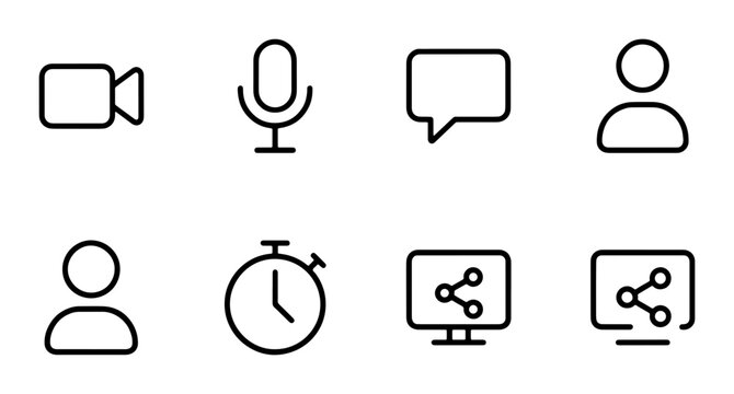 Minimalist Icon Set: Video, Microphone, Chat, User, Timer, Share, Technology, Communication