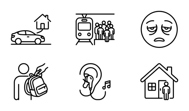 Commute Icons: Car Home, Subway Station, Tired Face, Pickpocket, Earbuds, House Entrance