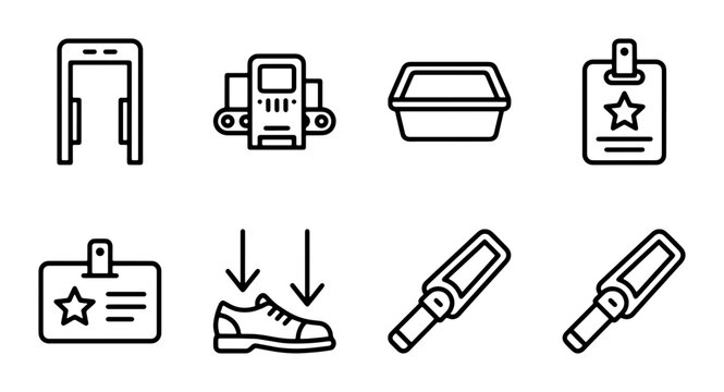 Airport Security Icons: Metal Detector, Scanner, Tray, ID Badge, Shoe Scan, Handheld Wand