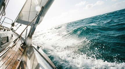 Obraz premium Sailing Vessel Cutting Through Ocean Waves During a Bright Sunny Day Adventure