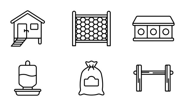 Chicken Coop Icons, Poultry Farm Equipment Vector Set, Farmhouse Objects Line Art