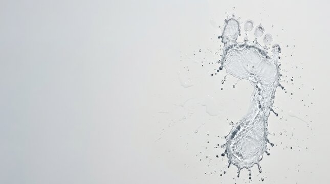 Human footprint made of splashing water on a gray background. Conceptual sign for World Oceans Day. Symbol of environmental footprint and sustainable living in aquatic nature conservation.
