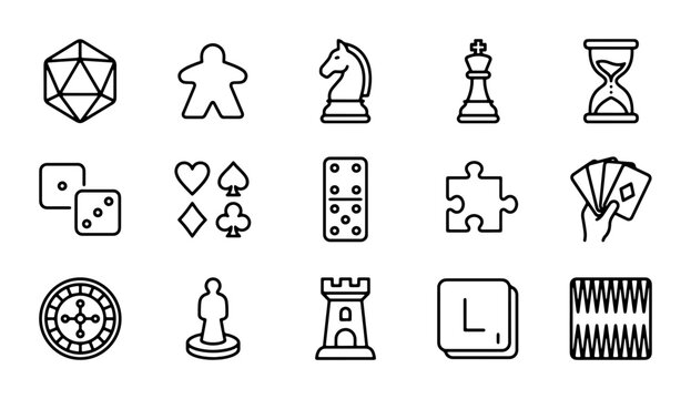 Board Game Icons Set, 15 Vector Graphics for Tabletop Fun, Strategy and Leisure