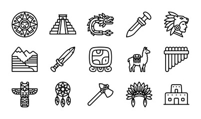 Ancient Civilizations Icons Set, Aztec Mayan Symbols, Tribal Cultural Elements, Historical Vector Graphics © Nandita