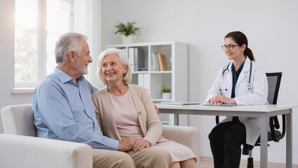 Obraz premium Senior Couple Consulting with Female Doctor in Medical Office
