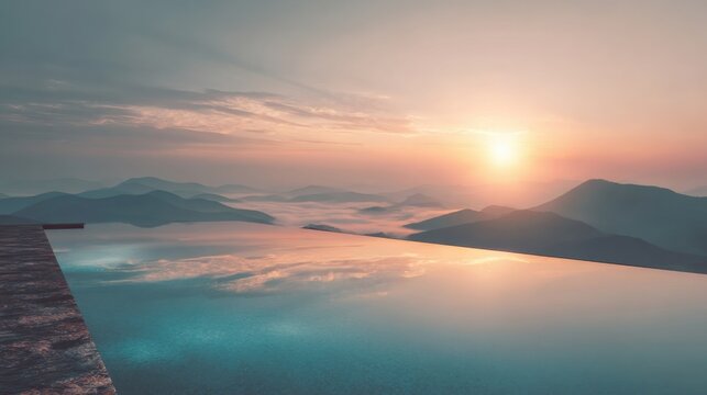 Luxury infinity pool suspended above clouds, tranquil mirror water surface, warm sunrise glow, premium resort aesthetic, serene atmosphere, hyper