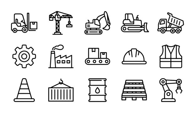 Construction Equipment Icons, Industrial Machinery Vector Set, Heavy Duty Vehicles & Tools Collection