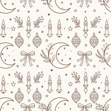 Christmas seamless pattern line art holiday ornament candle star moon bow winter background with festive line art ornaments, candle, star, moon