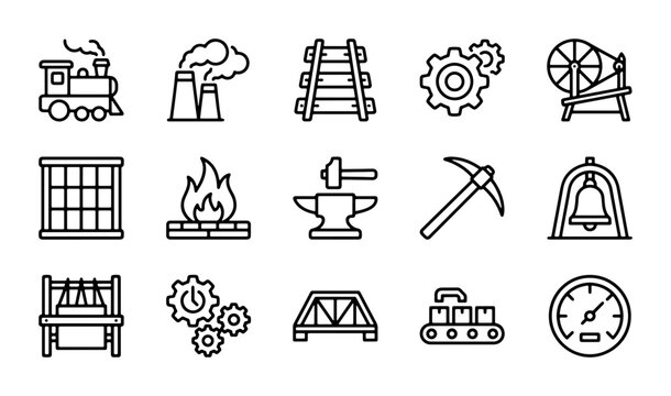 Industry Icons Set: Train, Factory, Railroad, Gear, Loom, Anvil, Pickaxe, Bell, Conveyor, Bridge, Gauge