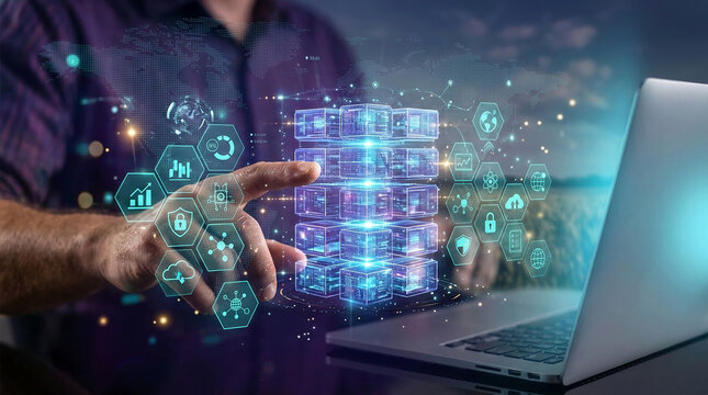 Digital interaction with abstract data cubes and network icons, symbolizing technological advancement and global connectivity, representing innovation and digital transformation