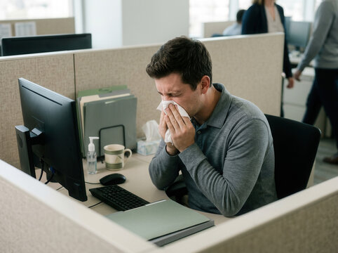 Unwell Office Worker Sneezes At His Desk During A Pandemic Outbreak Scenario