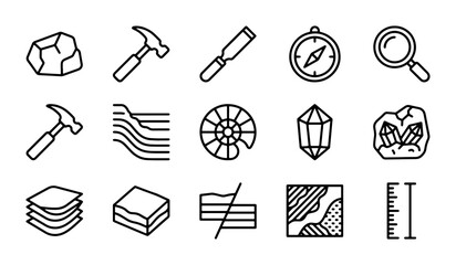 Geology Icons Set: Tools, Rocks, Fossils, Crystals, Maps, Compass, Magnifier, Ruler © Nandita