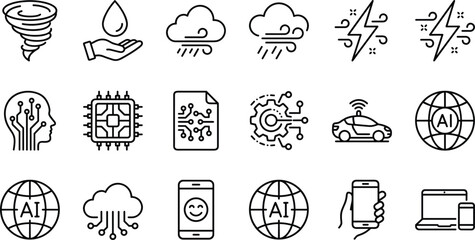Fototapeta premium Line Icon Set Combining Extreme Weather Conditions with Smart Artificial Intelligence and Technology Concepts