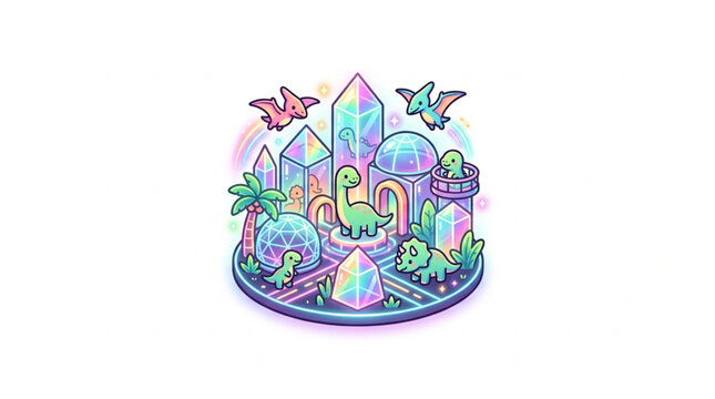 Whimsical Crystal Landscape with Dinosaurs and Flying Creatures.