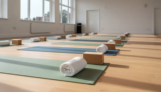 Empty yoga class setup in a bright community hall with mats and blocks ready for International Yoga Day, promoting a wellness and mindfulness concept with peaceful morning light