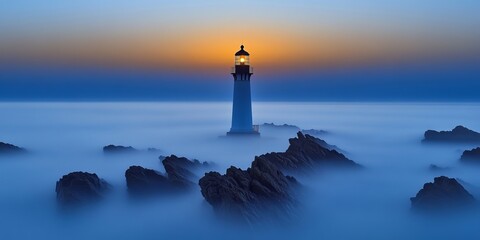 Fototapeta premium Mysterious Lighthouse Beacon Shines Through Fog on Rocky Coastline at Dusk, Guiding Ships