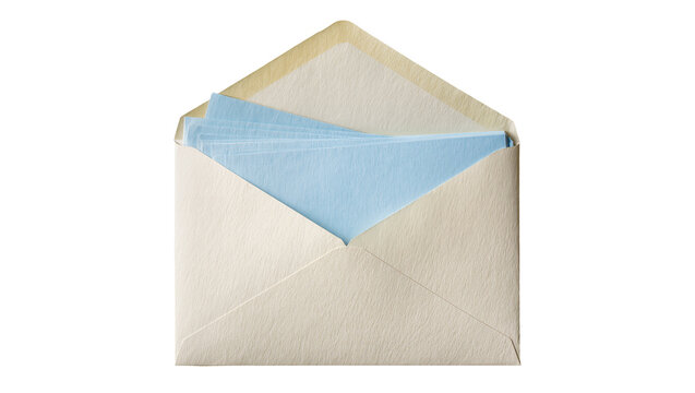 Open cream envelope with blue paper inserts