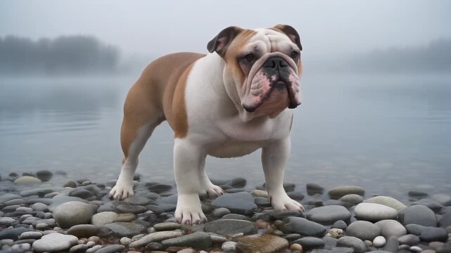 Old English Bulldog standing confidently on rocky lakeshore with misty foggy background in serene natural outdoor setting