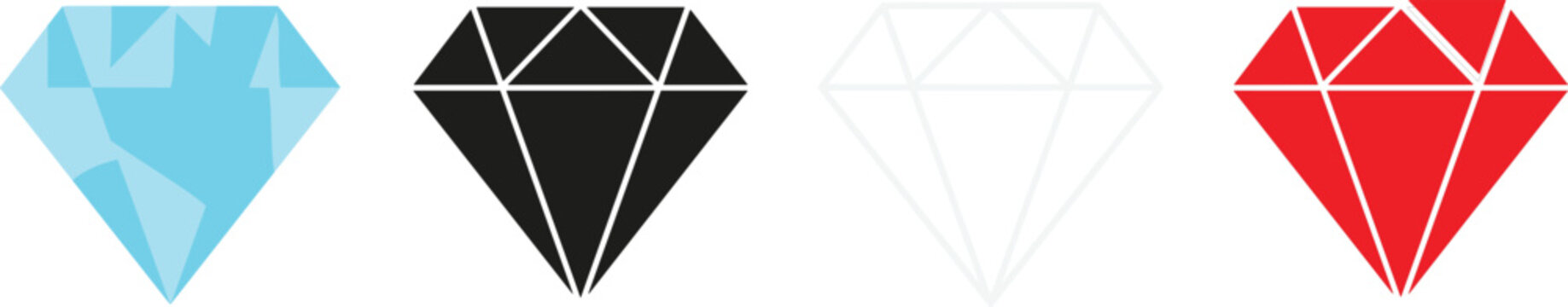 Colorful Diamond Shape Gemstone Vector Icon Set with Blue Black White and Red Crystal Luxury Symbols