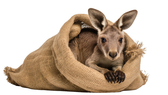 Young kangaroo peeking out of burlap sack