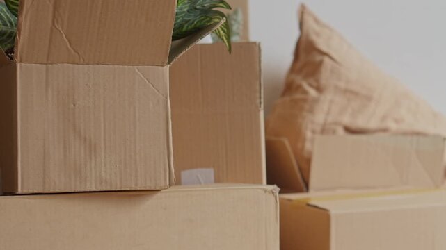 Close-up shot showing stacked cardboard boxes and home decor items ready for moving